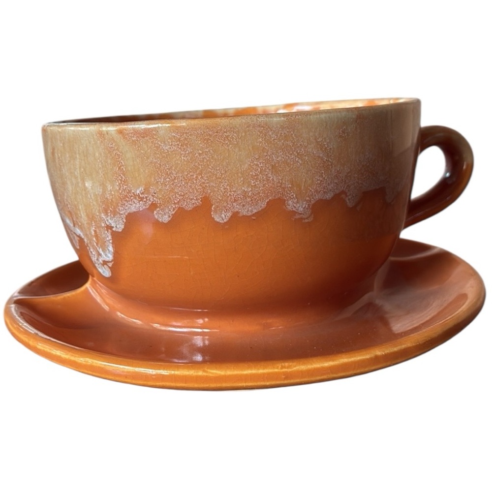 McCoy Coffee Cup attached Saucer USA 37 Drip Glaze Teacup Orange Ombré Saucer